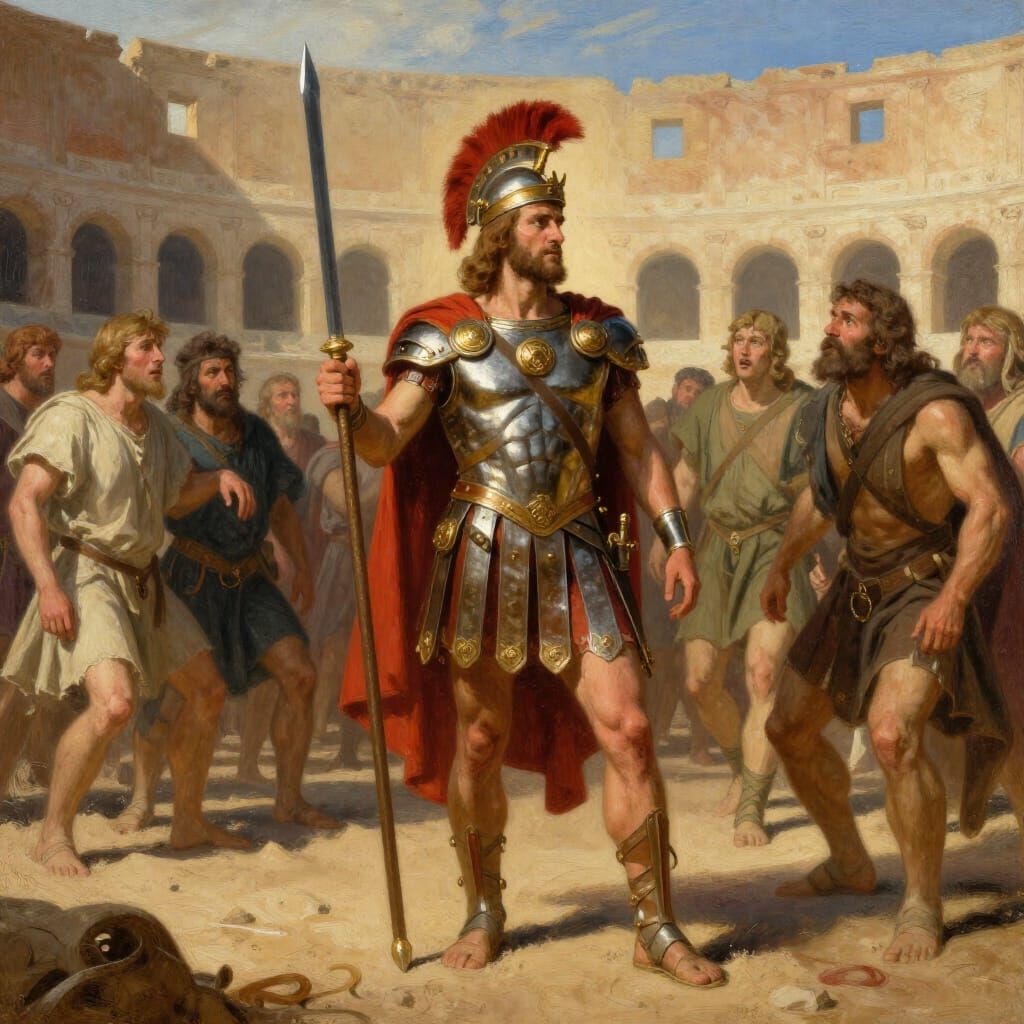 Triumphant Gladiator Victorious in Arena Battle
