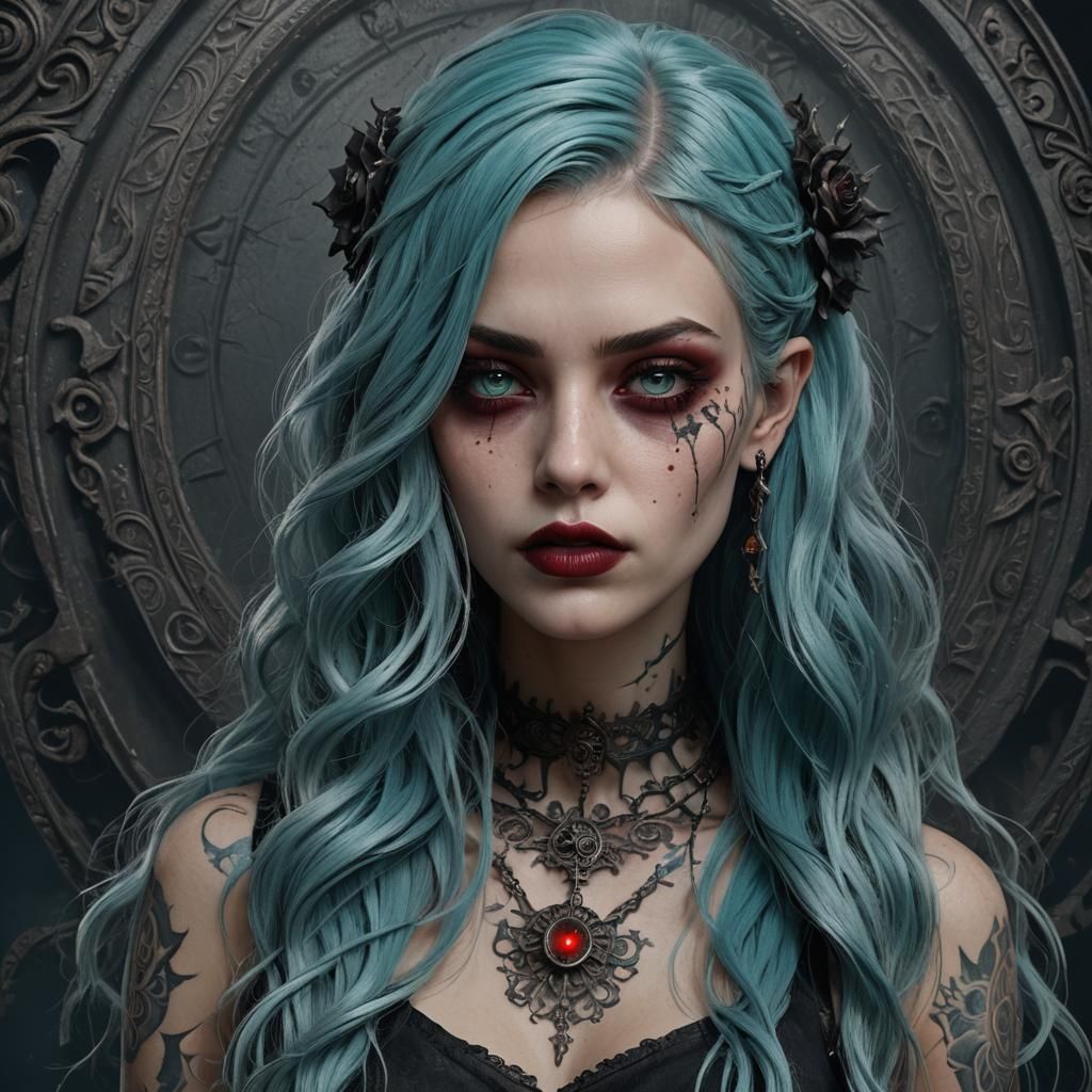 Gothic Woman with Cyan Hair, Hyperrealistic Portrait