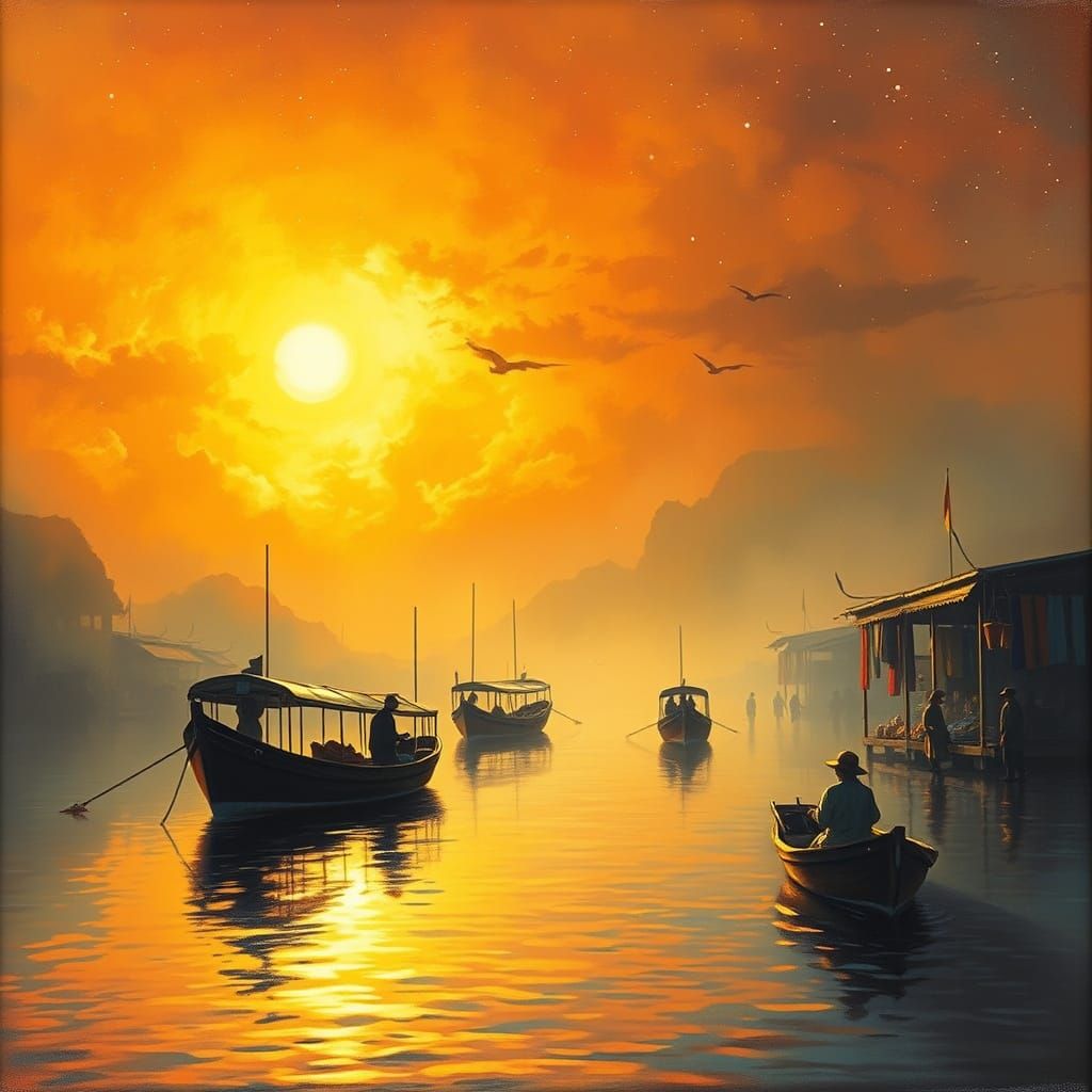 Golden Hour Morning: Silk Merchants Boats on Calm Water