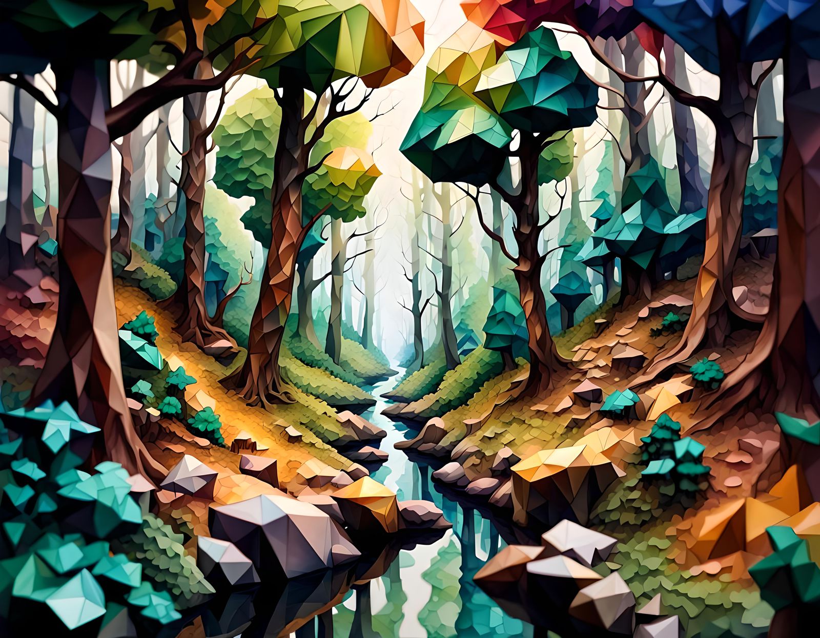 A beautiful low poly fantastical forest scene, ultradetailed...