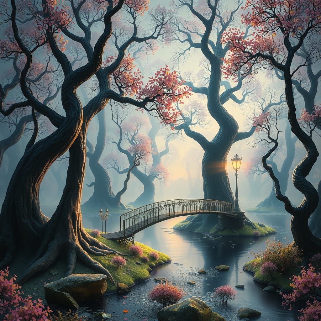 Surreal Dreamscape with Twisted Trees and Iridescent Canopy