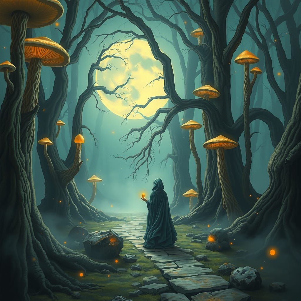 Ethereal Figure Walks Moonlit Path in Surreal Forest Landsca...