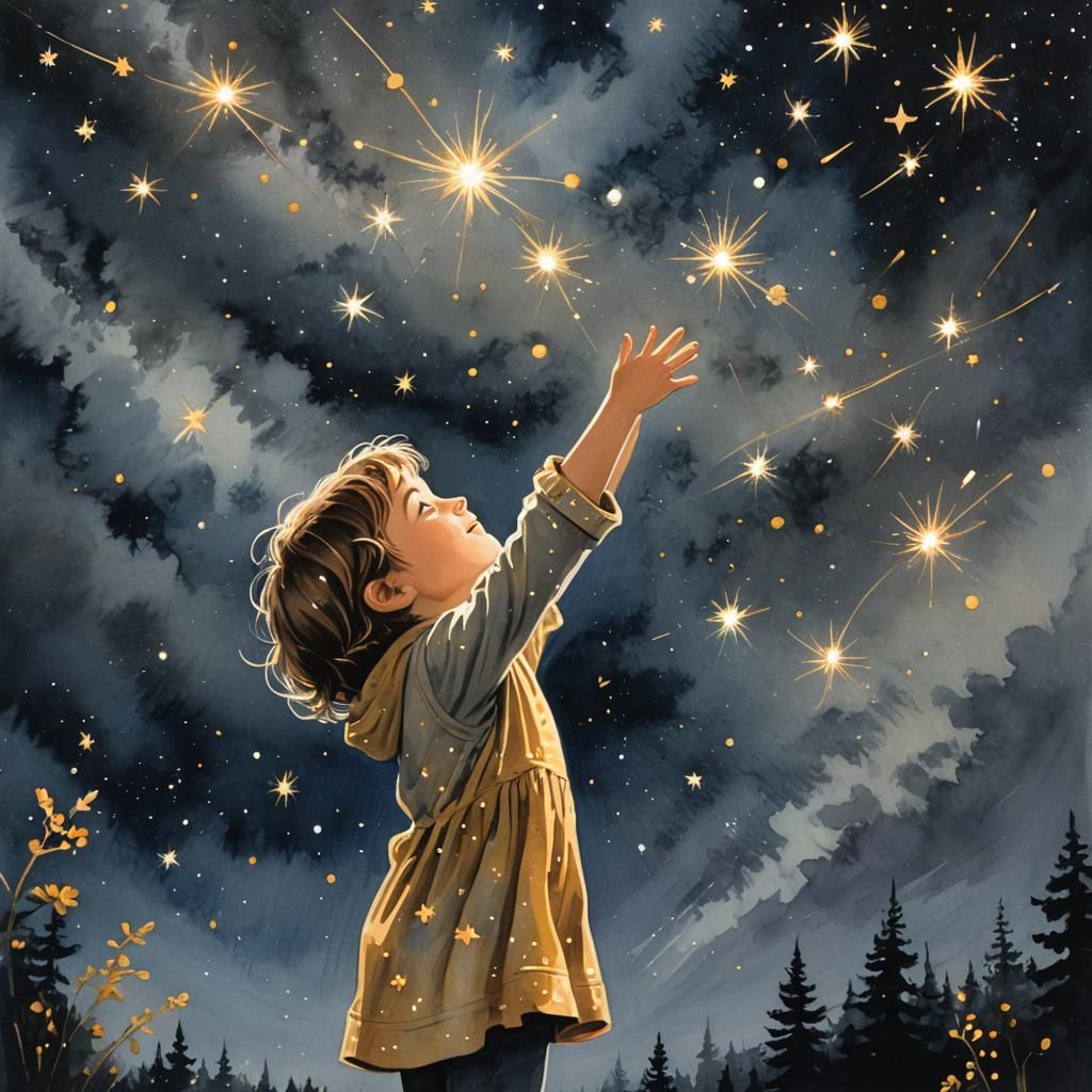 Child Reaching for Stars: A Gouache Painting