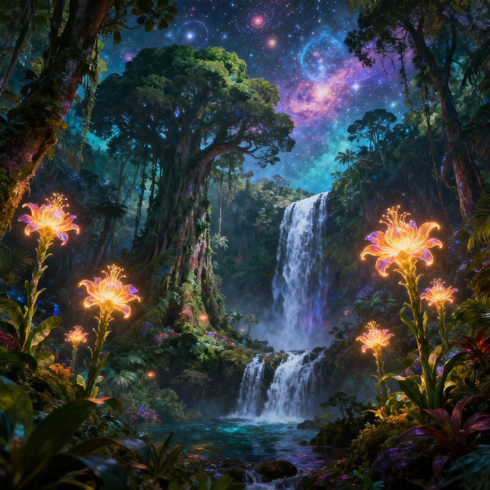 Magical Jungle with Luminous Flowers and Waterfalls