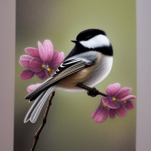 Ethereal Chickadee in Floral Tree, Color Pencil Art