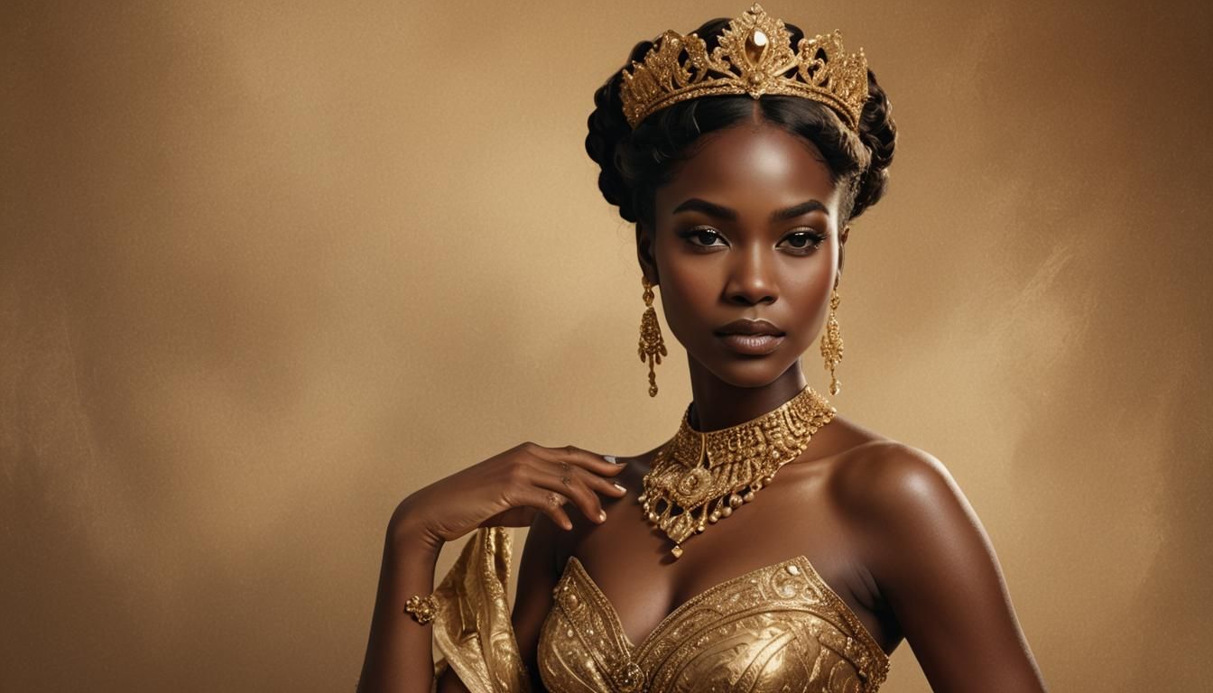 Stunning African Goddess in Golden Dress, Digital Art
