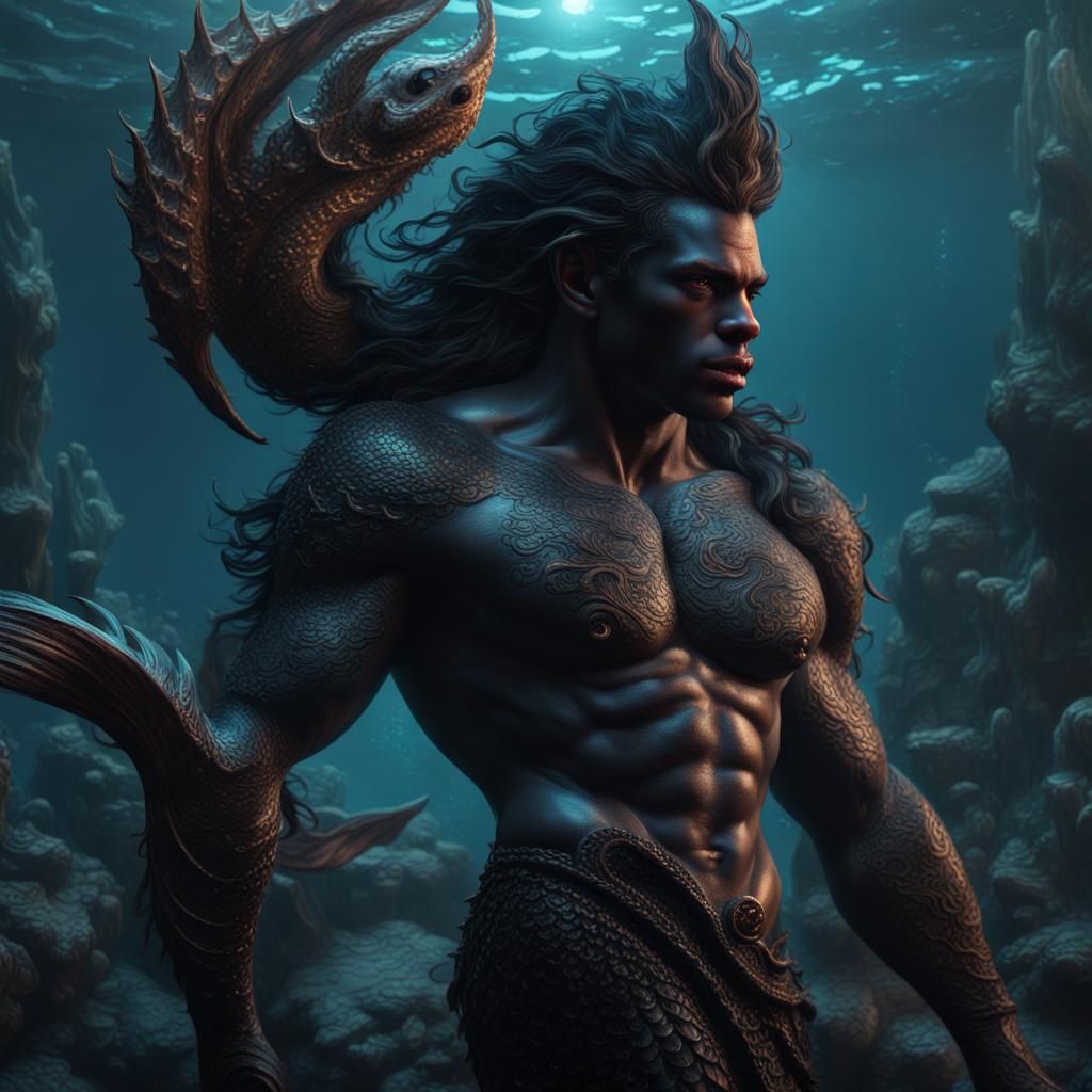 Detailed Black Merman Fantasy Concept Art