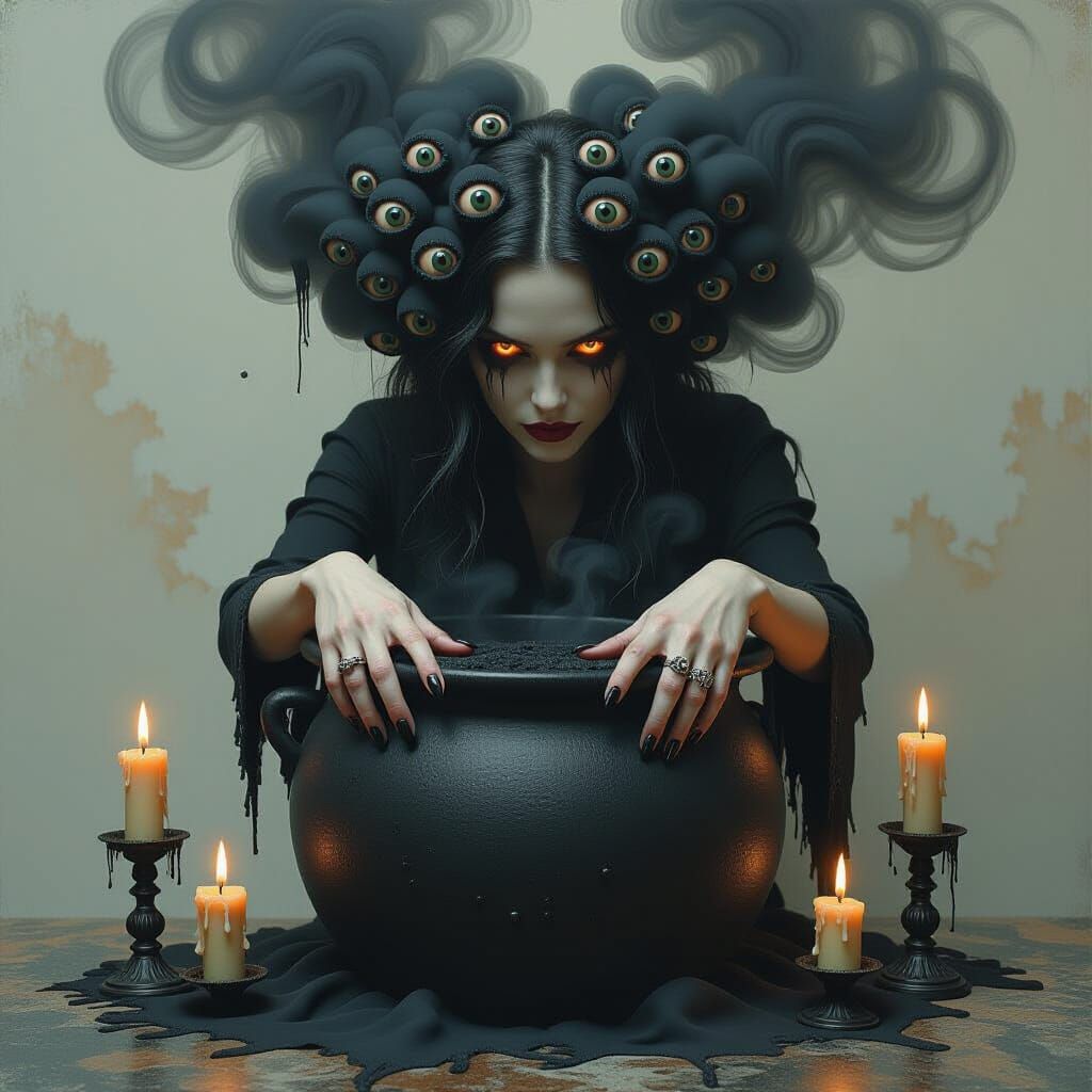 Grotesque Witch Emerges From Smoky Cauldron