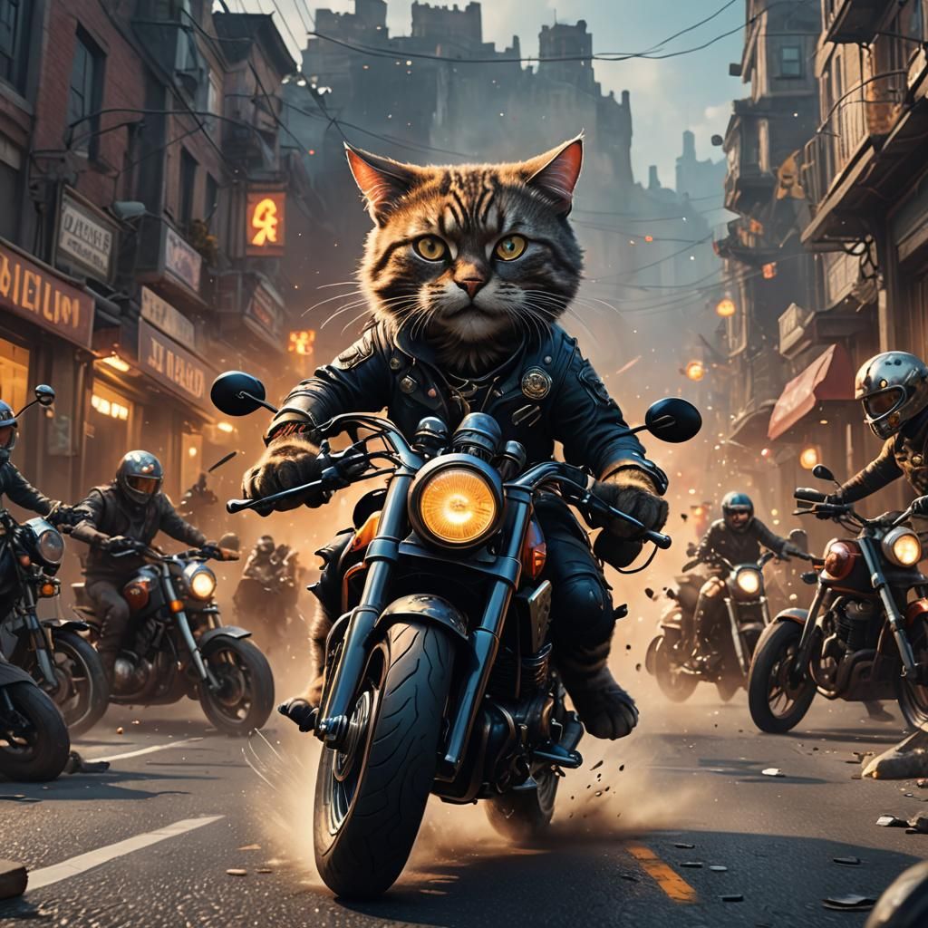 Cat on Motorcycle Silencing Crowd, Digital Art