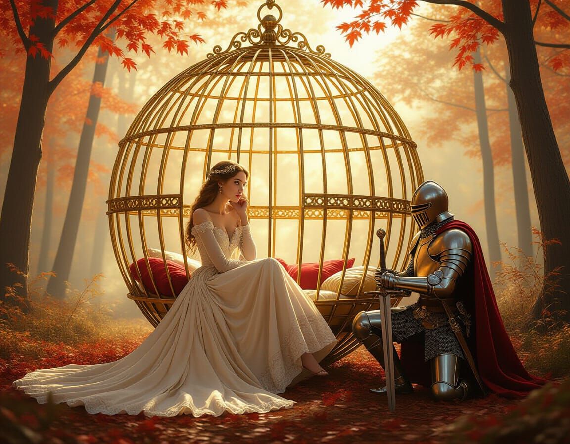 Woman in Golden Cage in Autumn Forest