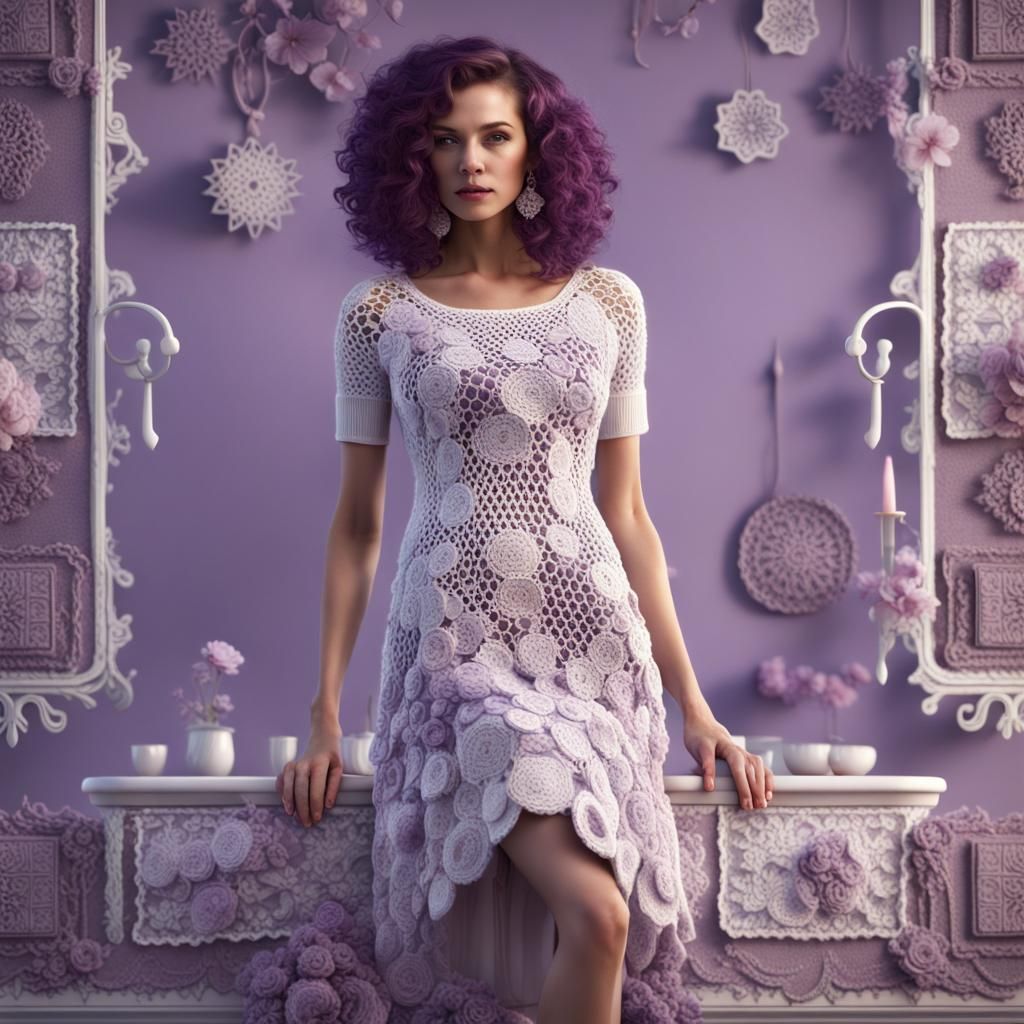 Elegant Knit and Crochet Dress in Lilac, Detailed Painting