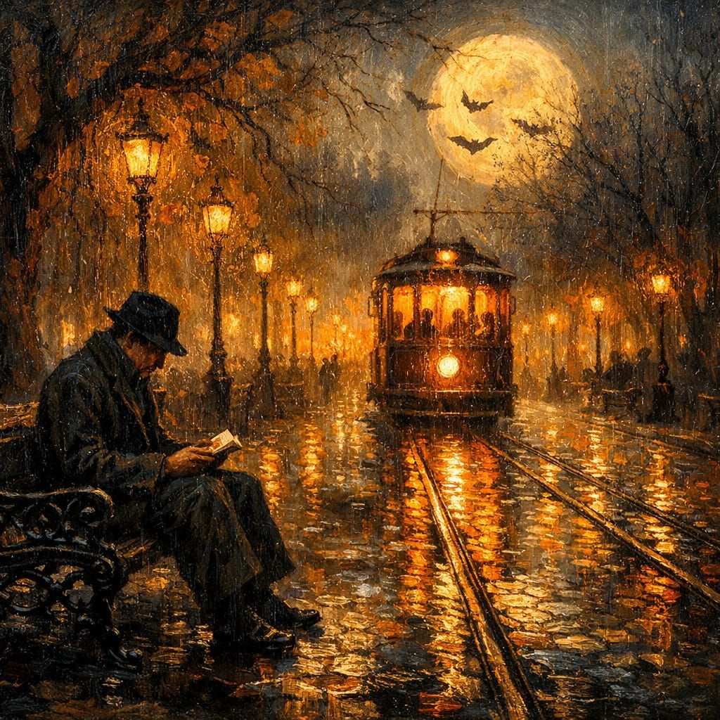 Man Waits for Tram in Moody Rainy European City Park