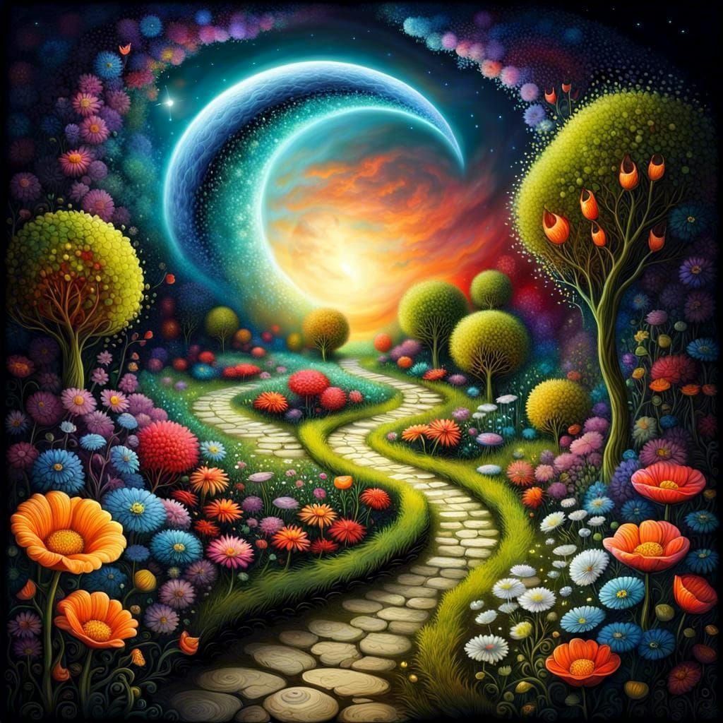 Ethereal Moon Garden to Galaxy, Surreal Digital Art