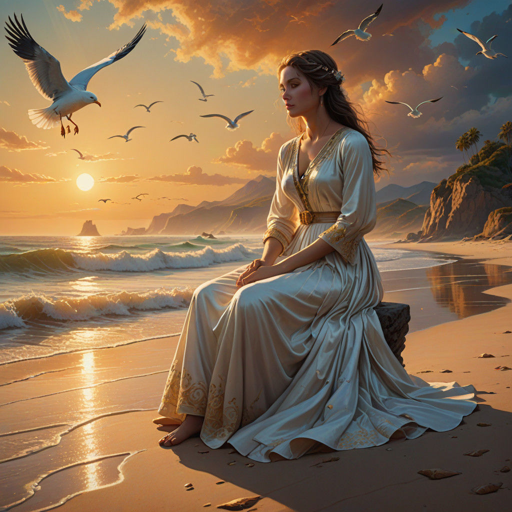 Majestic Woman Lost in Memory on a Sun-Kissed Beach in Fanta...