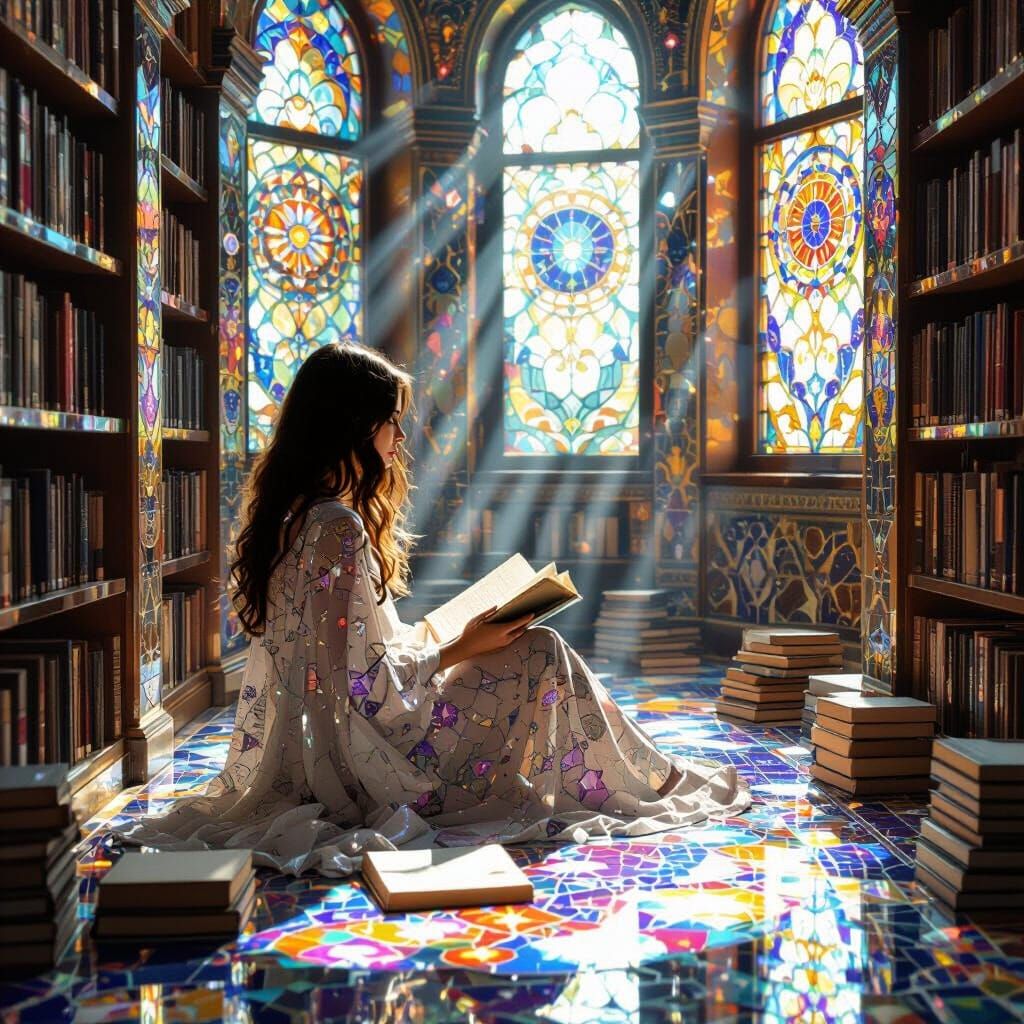 Celestial Mosaic Library with Radiant Glyphs