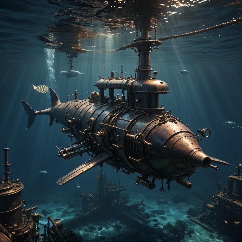 Steampunk Submarine and Whale in Deep Ocean