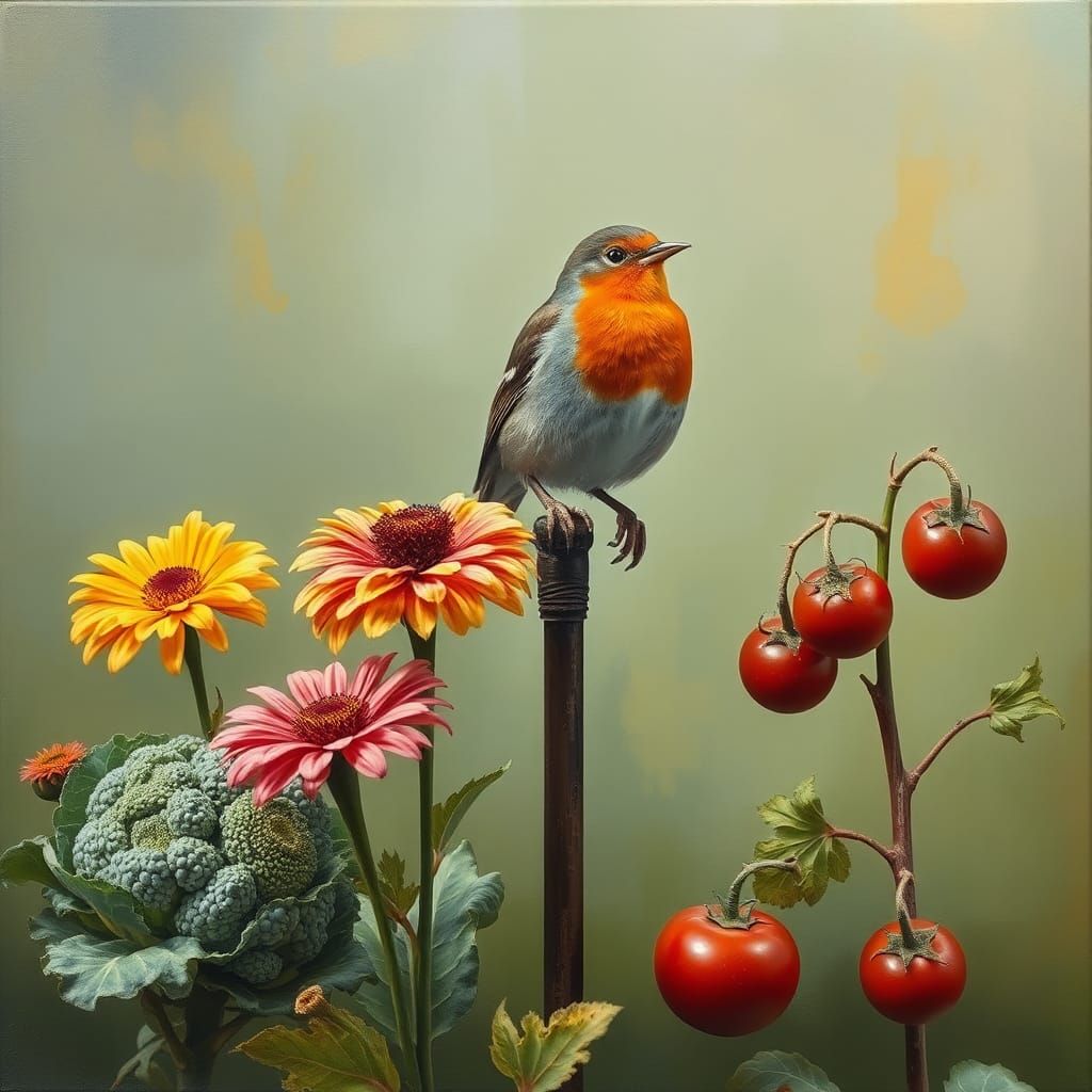 Robin in Surreal Garden, Salvador Dali Style