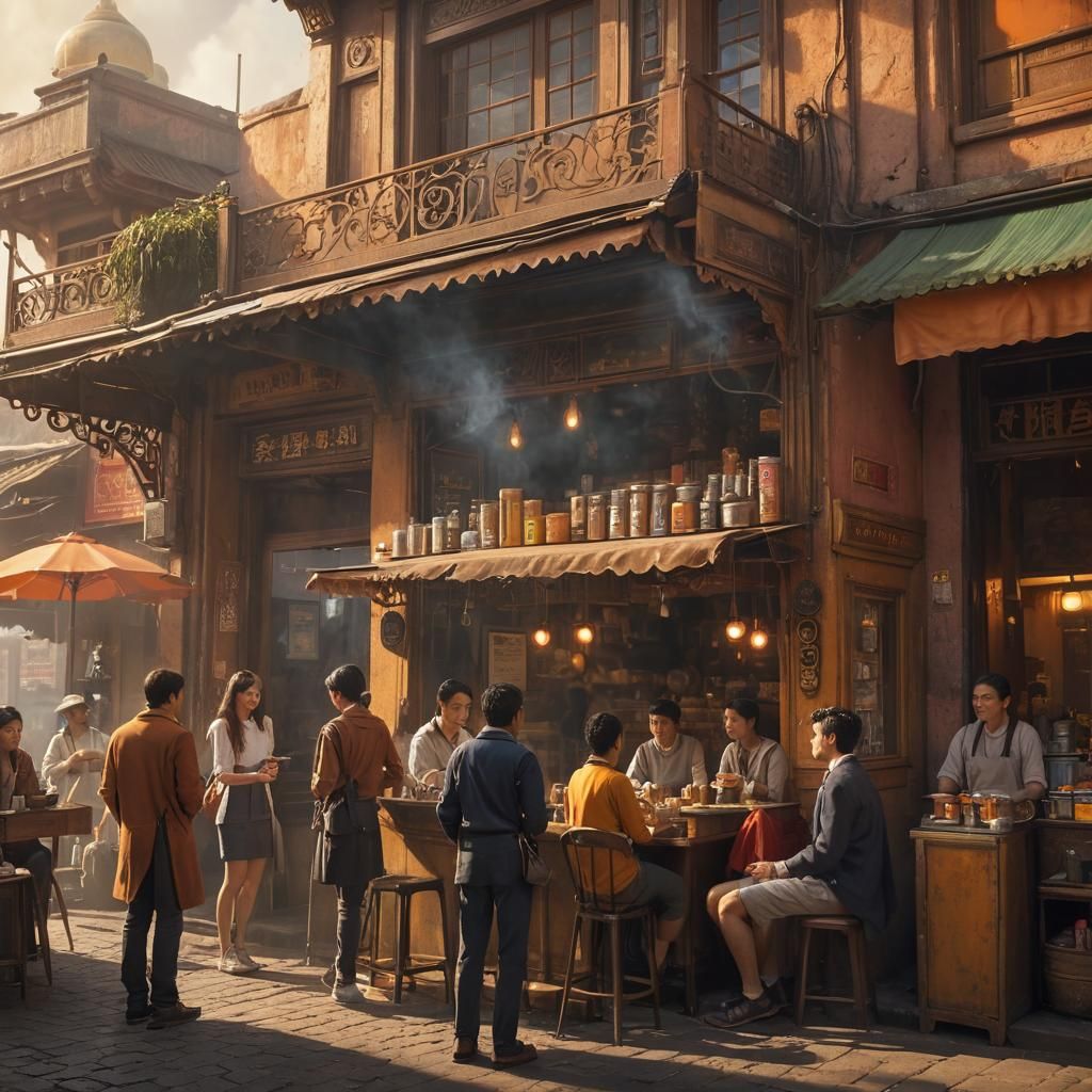 University Students Sharing Food: Fantasy Concept Art