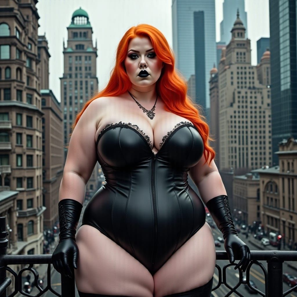 Red-Haired Woman in Corset on Futuristic Balcony
