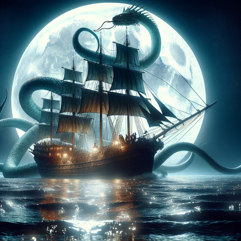 Vessel Ensnared by Moonlit Sea Serpent