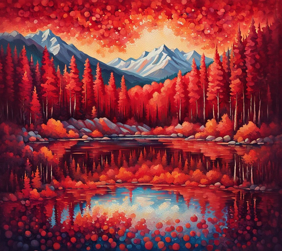 Impressionistic Red Forest Panorama with Serene Mountain Lak...