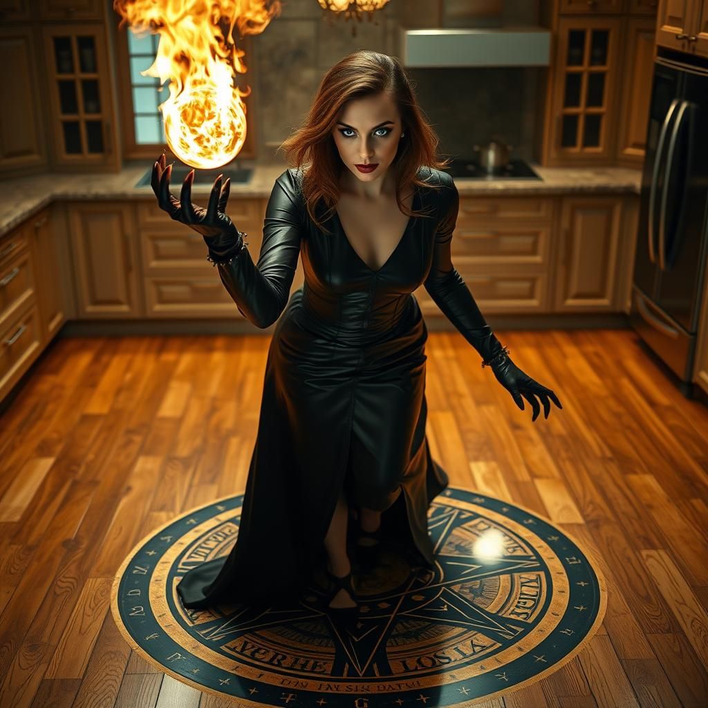 Ethereal Woman Conjures Fireball in Modern Kitchen
