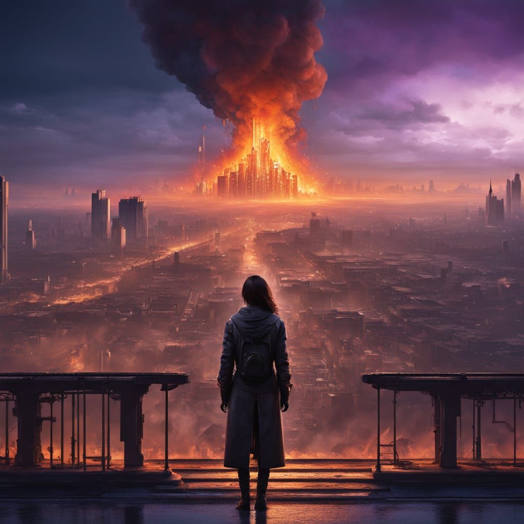 Futuristic City Ablaze: A Fantasy Matte Painting