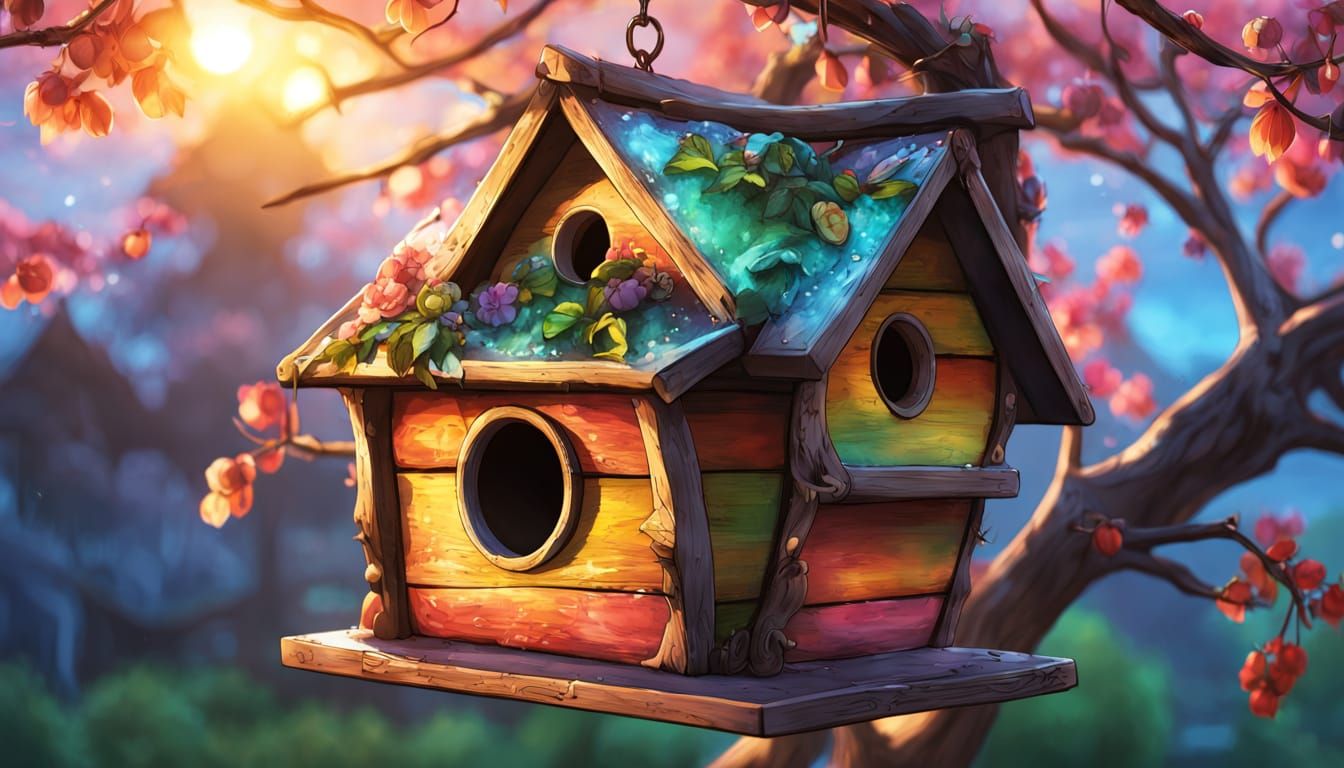 Classic Birdhouse on Budding Branch in Manga Style