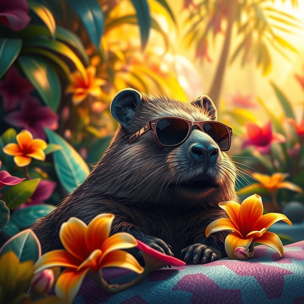 Capybara in Tropical Oasis, in Fantasy Concept Art Style