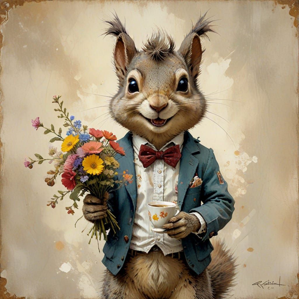 Whimsical Squirrel Portrait with Blooming Flowers