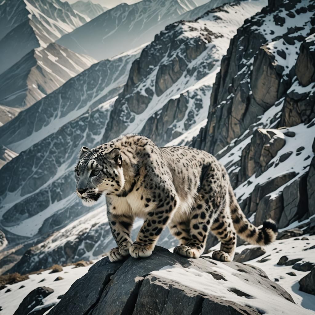 Snow Leopard Climbs a Mountain: Cinematic Still