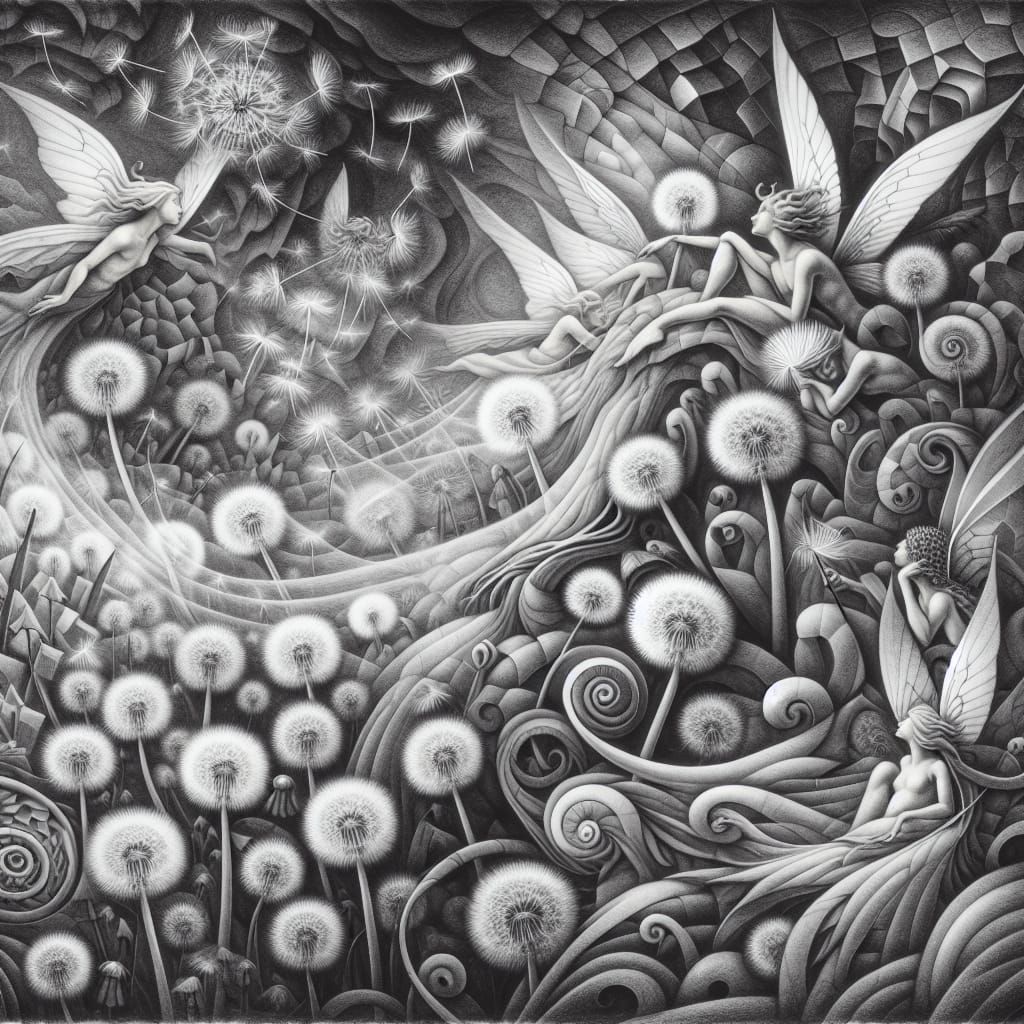 Dandelion Dreamscape: Winged Fairies in Surreal Art Style