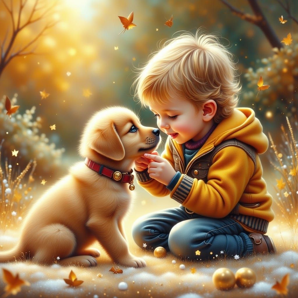 Boy and Puppy Playtime with Golden Accents