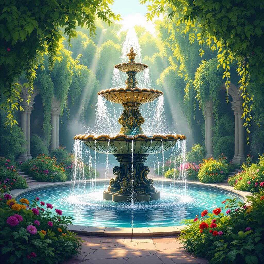 Mystical Garden with Elaborate Fountain, Ethereal Lighting