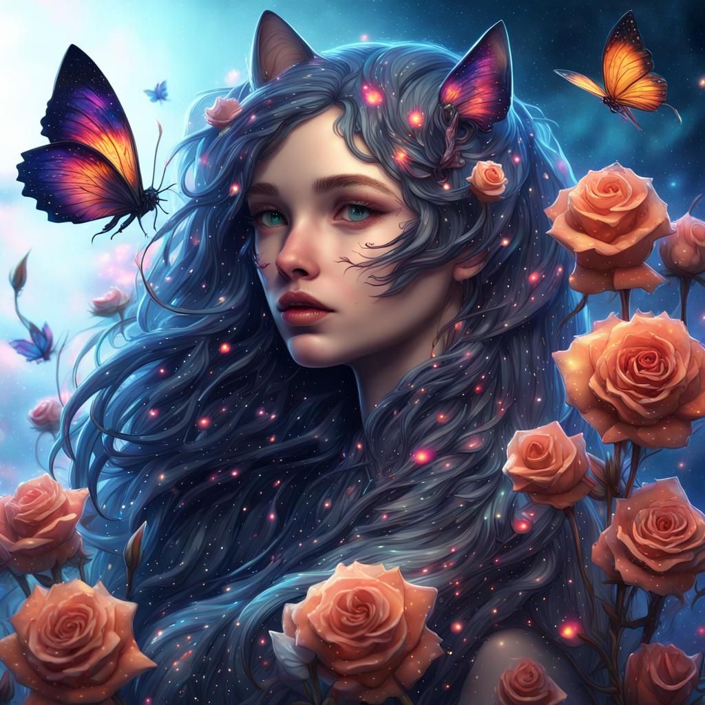 Cosmic Cat-Girl Cyborg in Starry Night Fantasy