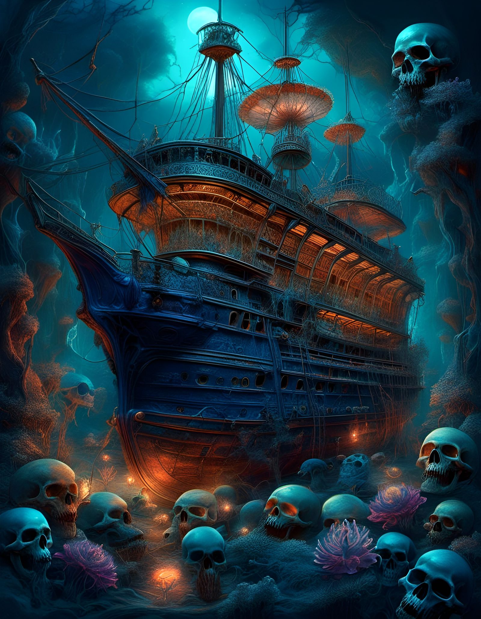 Bioluminescent Ship in Moonlit Forest, Holographic Illustrat...