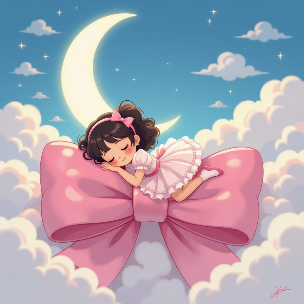 Girl Sleeping on Pink Bow in Manga Style