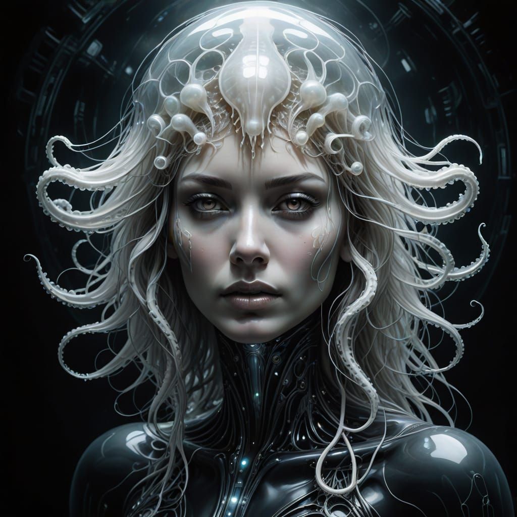 Ethereal Biomechanical Goddess in Dark Futuristic Dreamscape