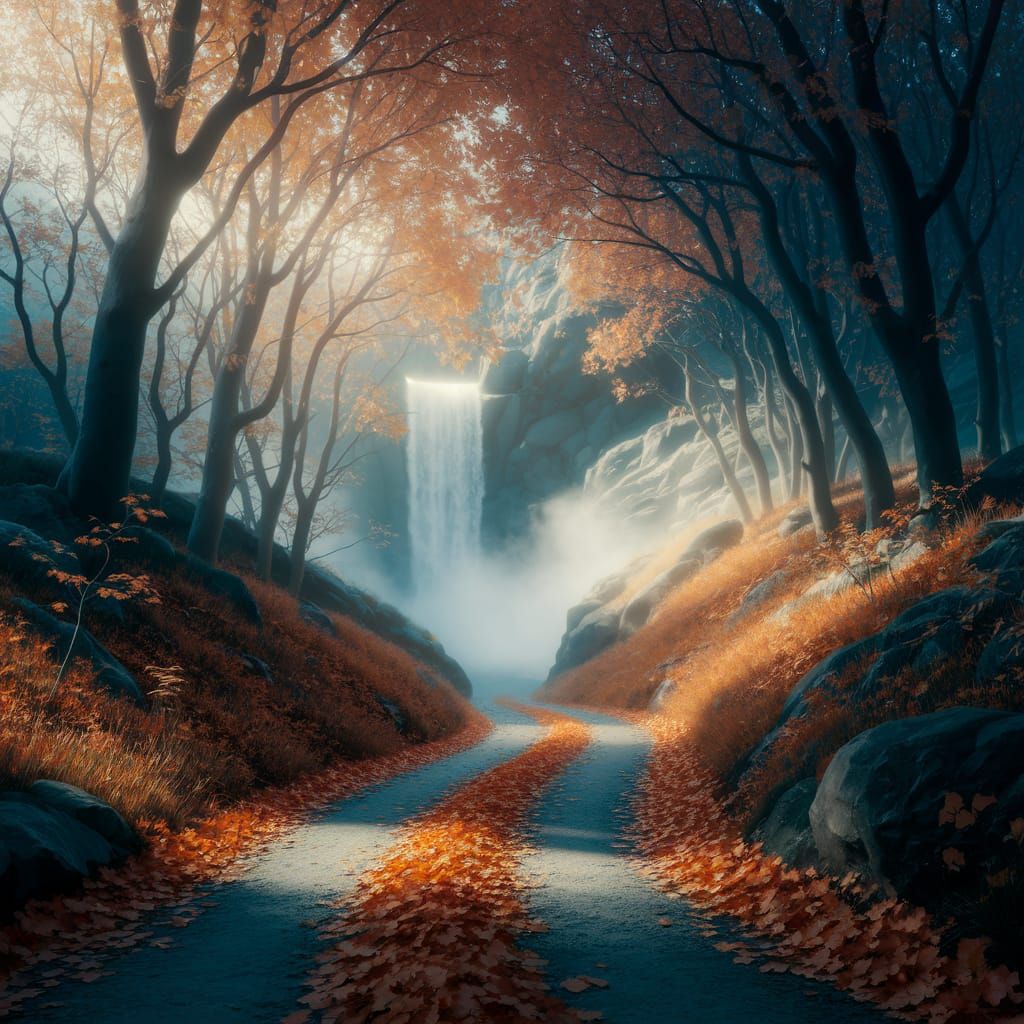 Enchanted Forest Path to Misty Waterfall