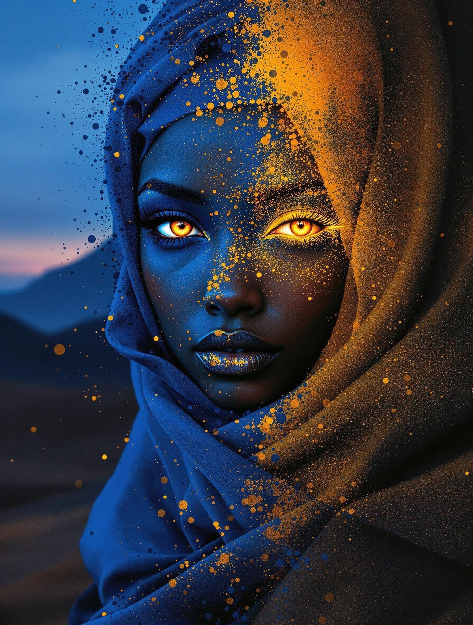 Desert Woman Portrait with Digital Sand and Shadows