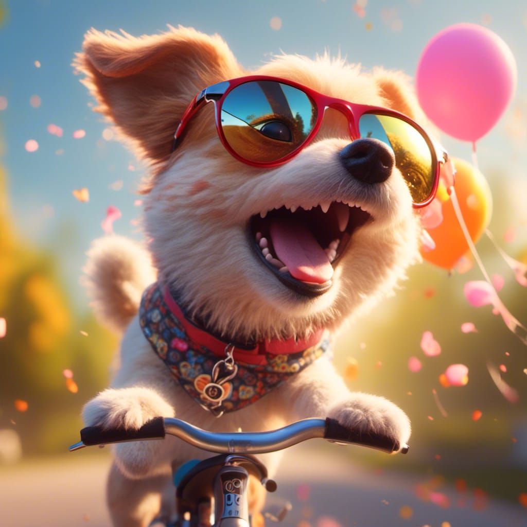 Dog Bicycling Happily in Hyperrealistic Splash Art
