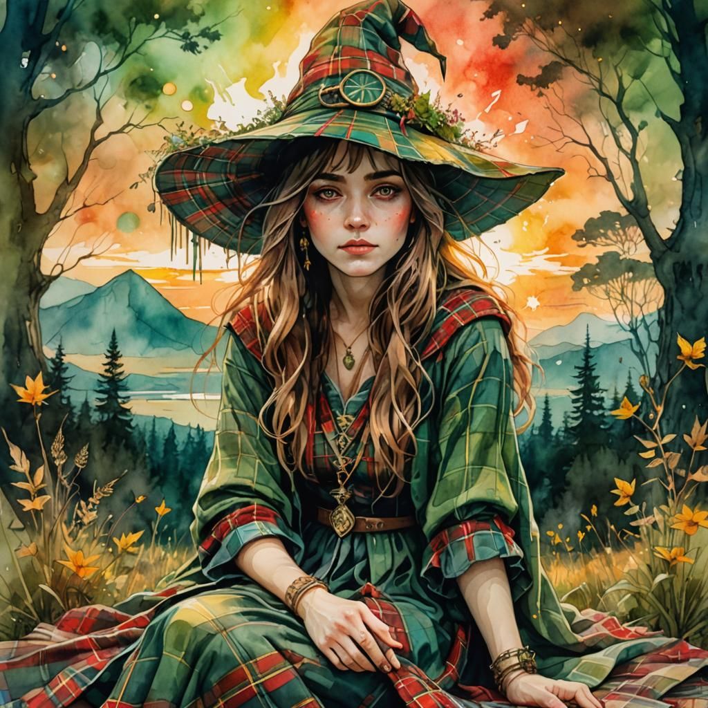 Girl Wizard Gazing at Golden Sunset, Watercolor Art