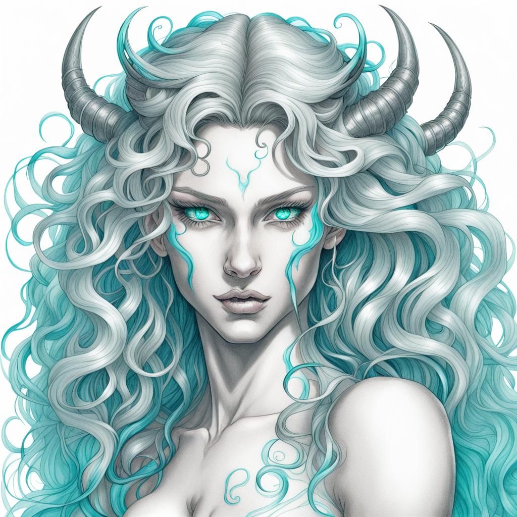 Detailed Pencil Drawing of a Female Demon