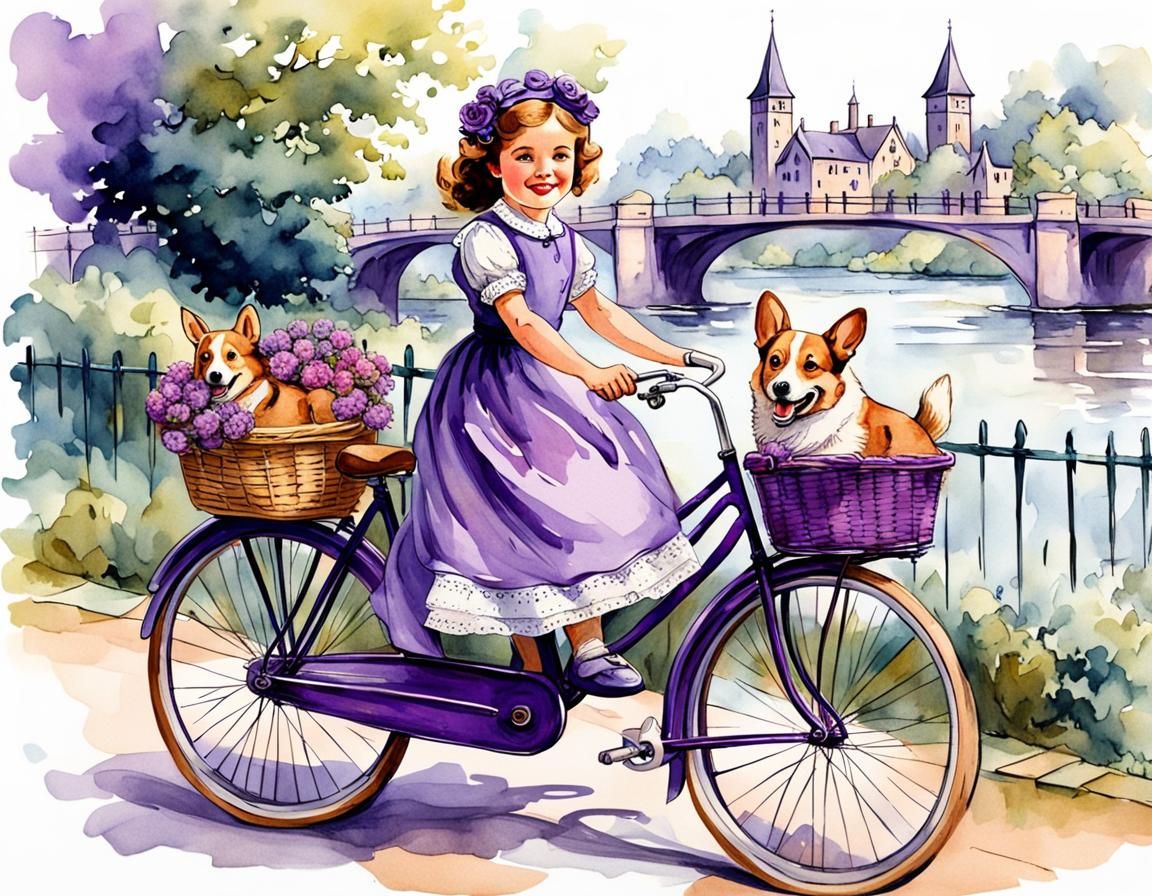 Victorian Girl Rides Vintage Bike with Corgi