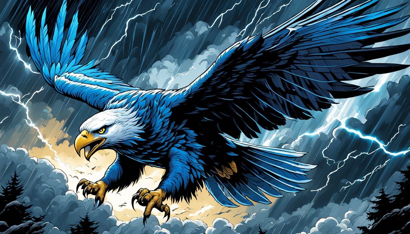 Fierce Blue Eagle Soaring in Stormy Comic Book Art