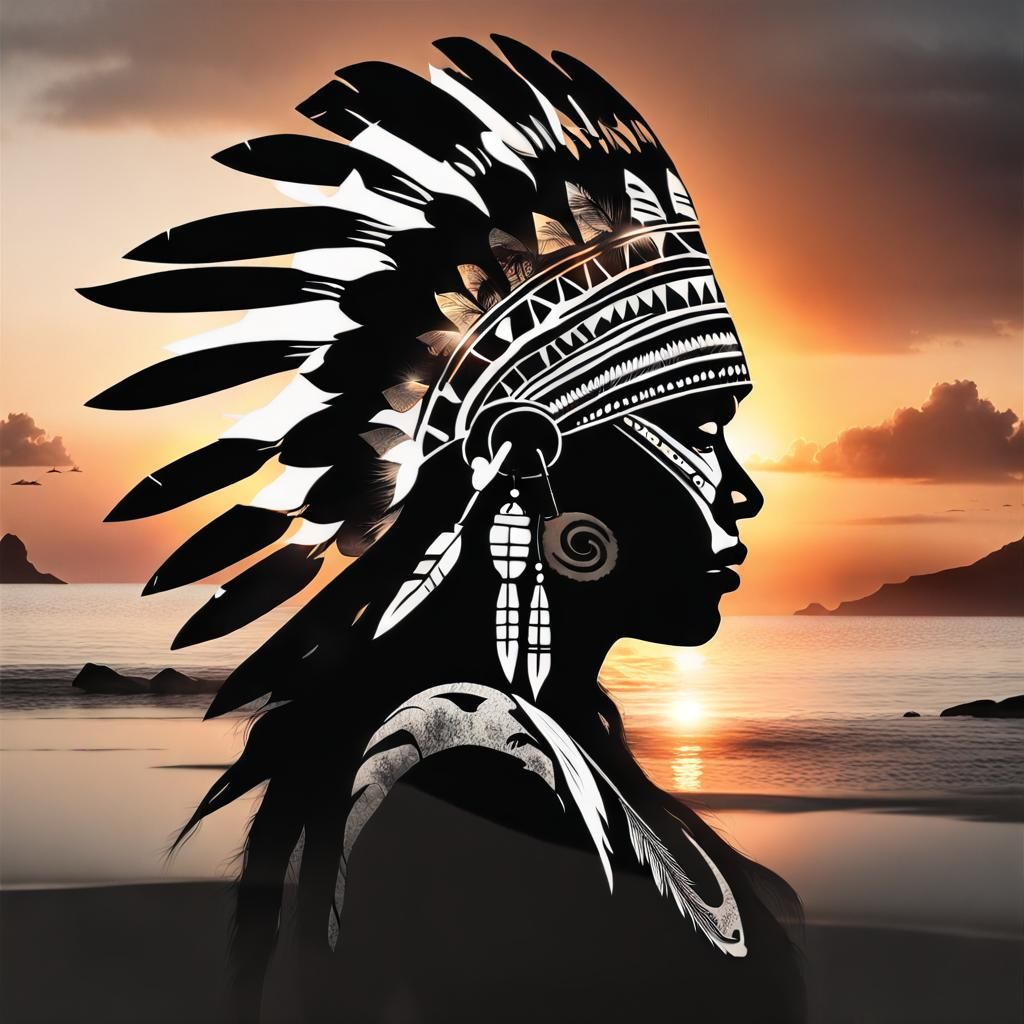 Tribal War Chief Silhouette with Sunset Coast