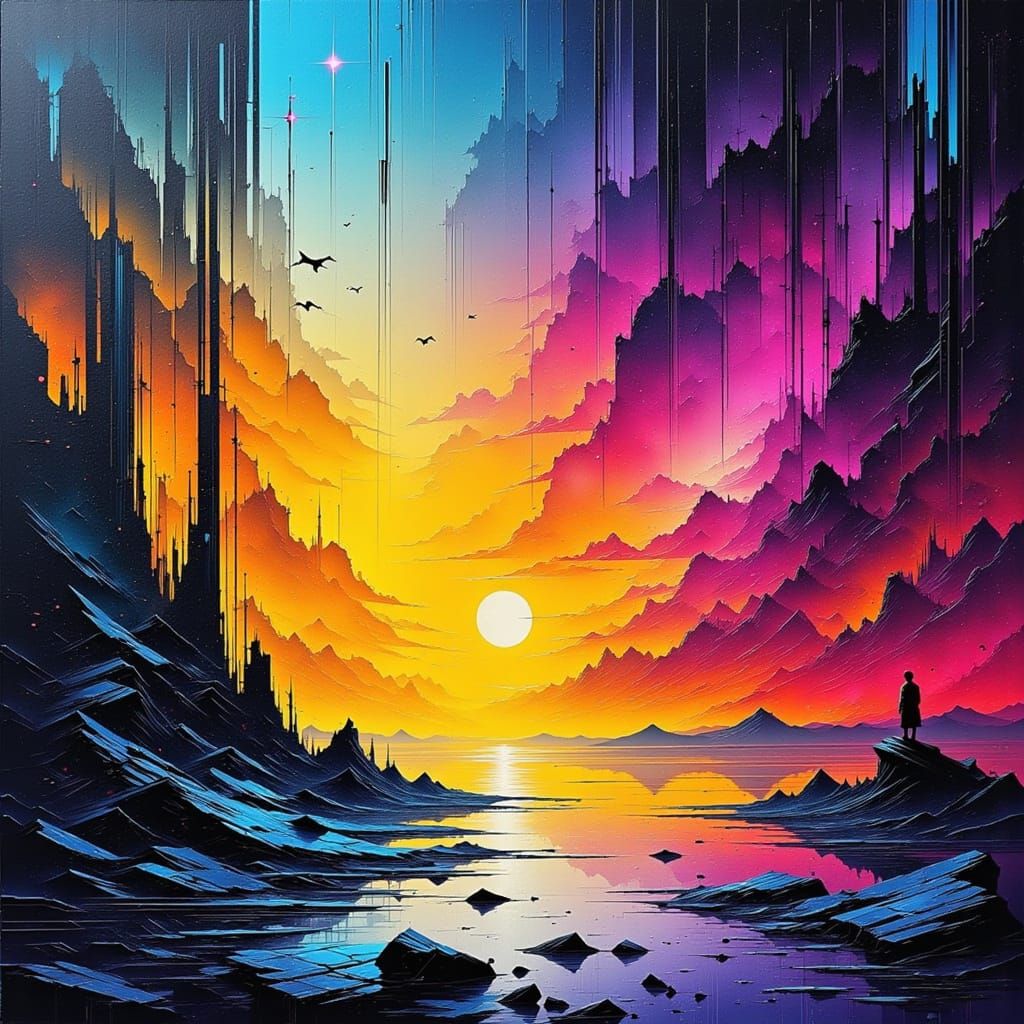 Surreal Light Strands and Cosmic Rain Oil Painting