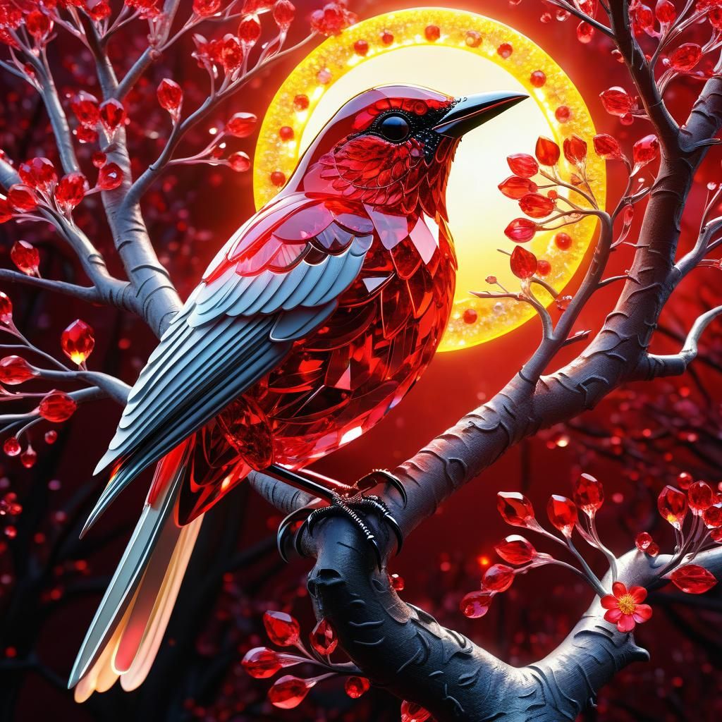 Luminous Red Crystal Bird on Flowering Tree