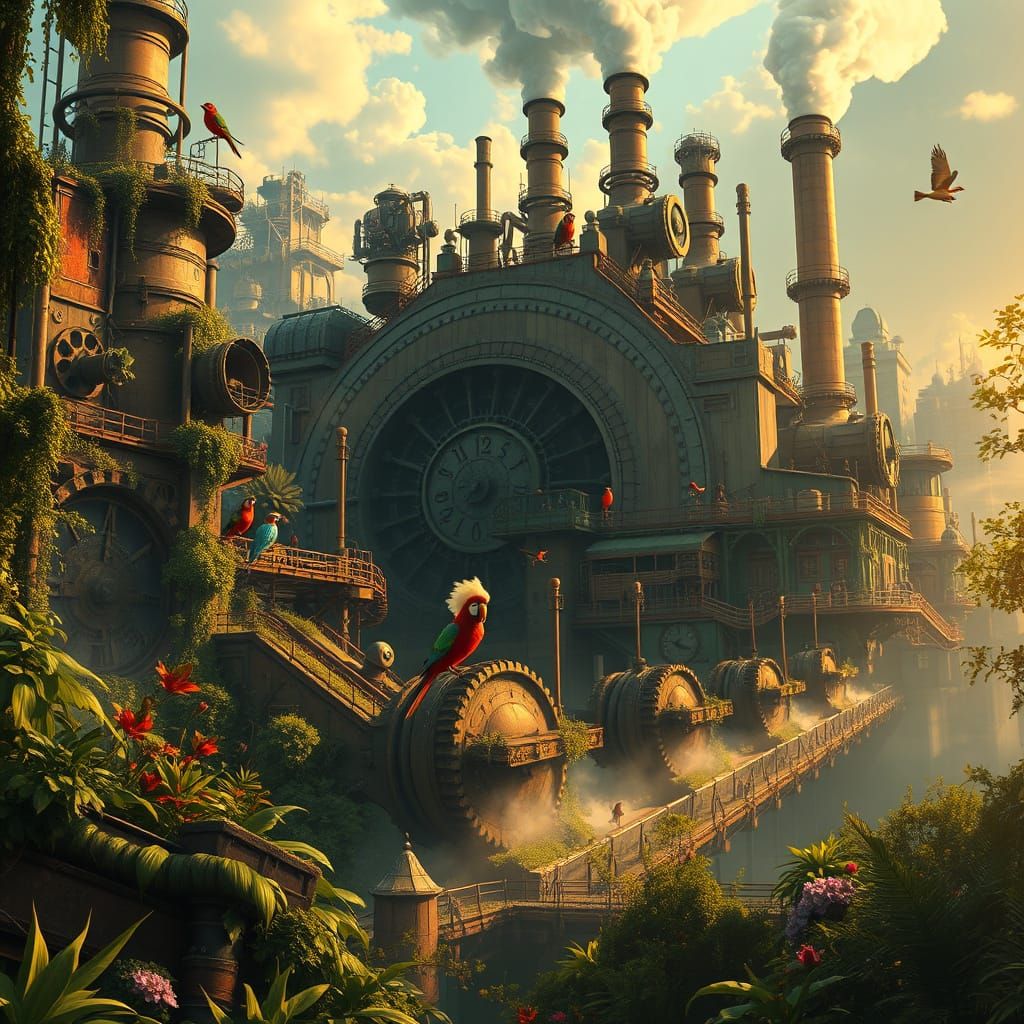 Vibrant Steampunk Factory Amidst Lush Jungle