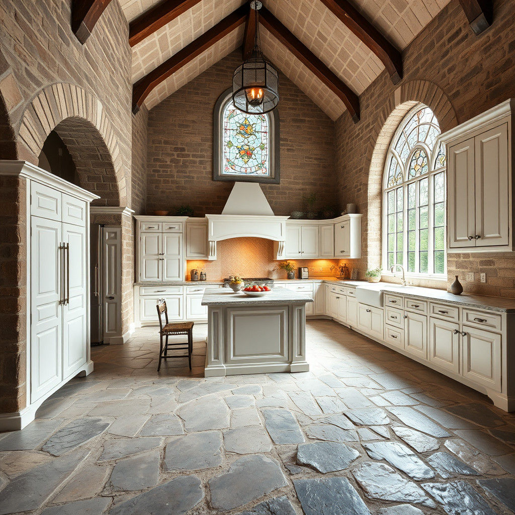 Elegant Tudor Colonial Kitchen in Stone Grey and White